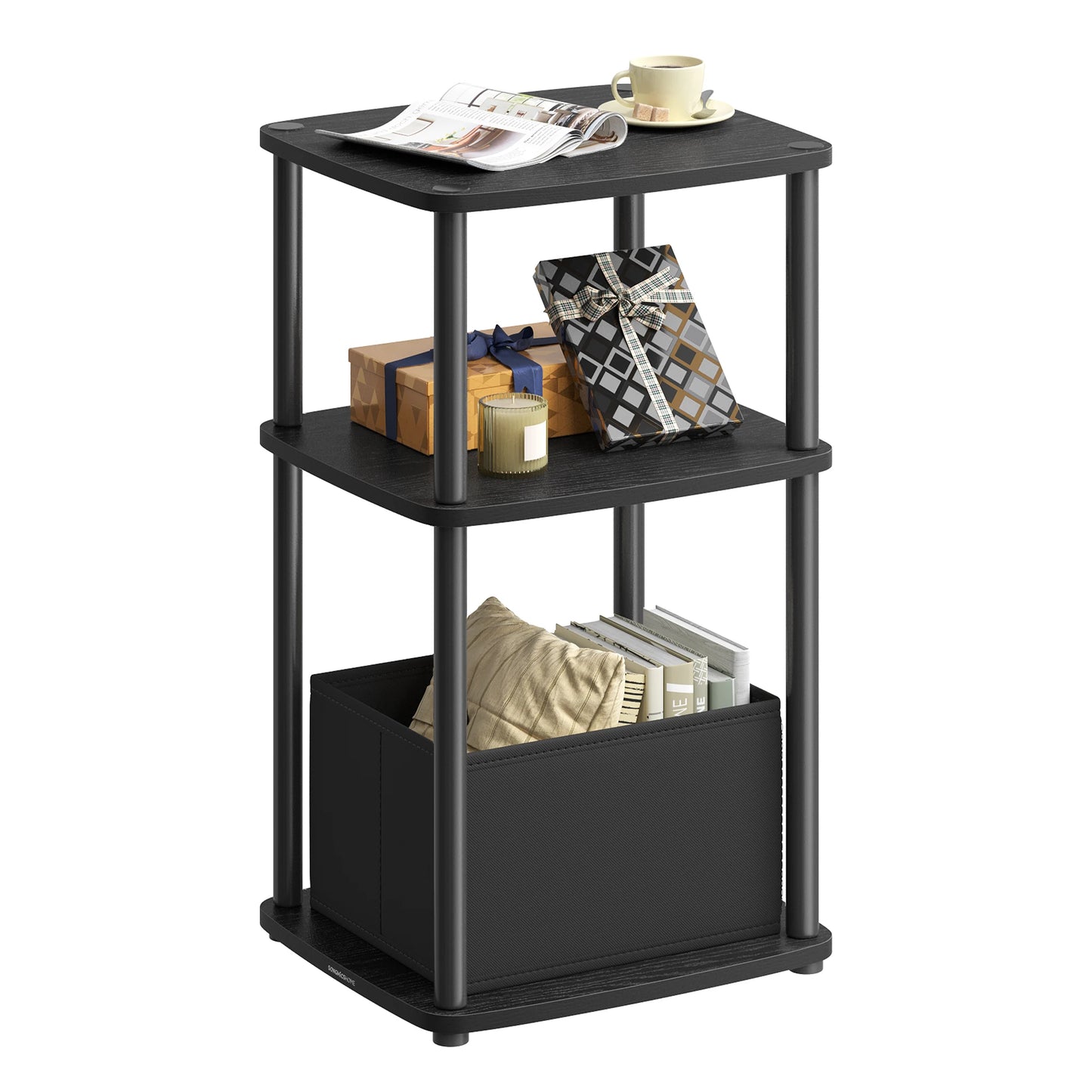 Black three-tier end table with various items on a white background