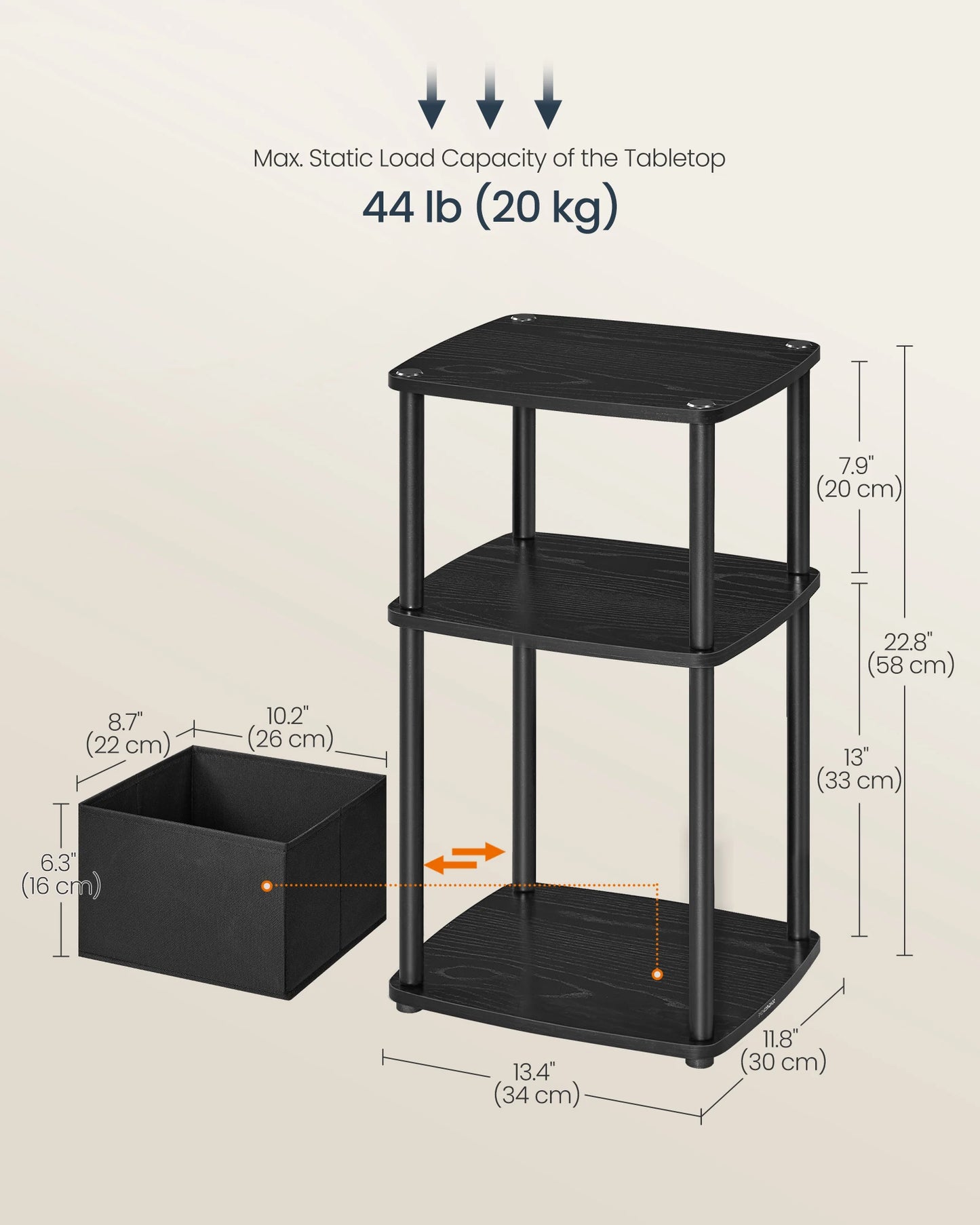 Black three-tiered table with measurements and load capacity information on a beige background