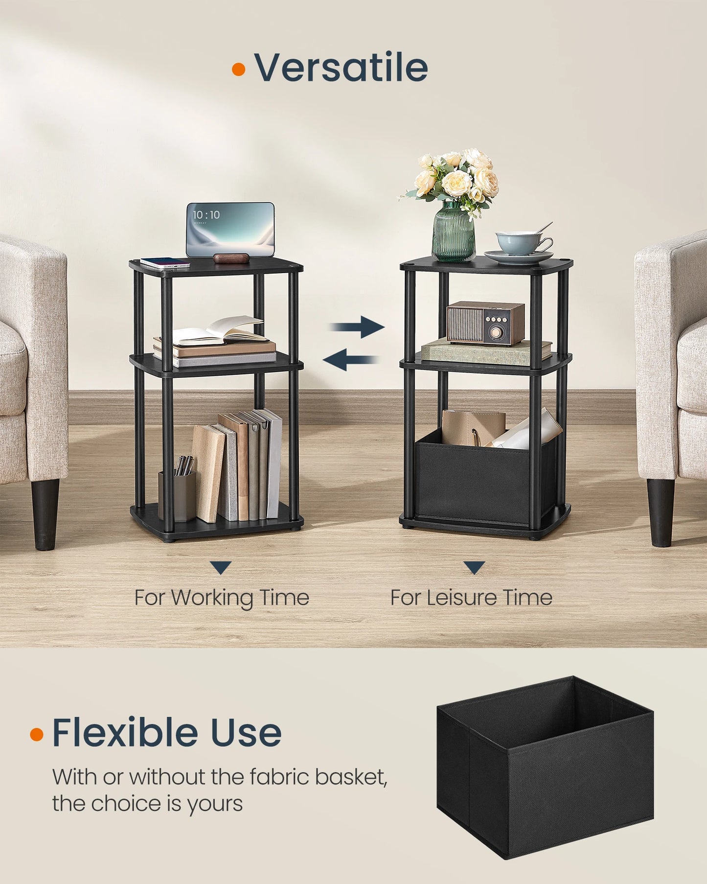 Black side table with multiple uses in a living room setting