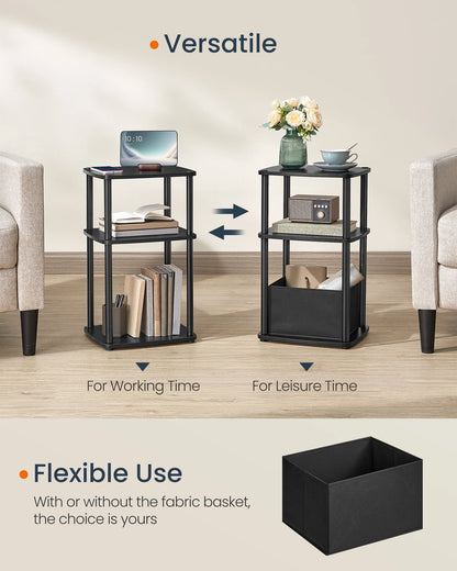 Black side table with multiple uses in a living room setting