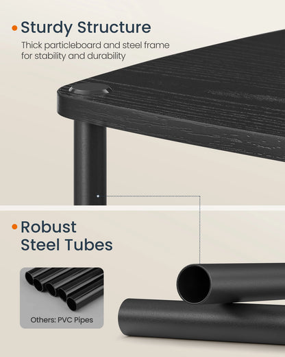 Black metal frame with text highlighting sturdiness and robust steel tubes.