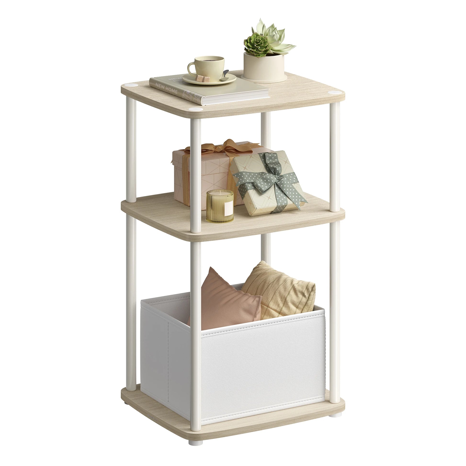 Three-tiered wooden side table with decorative items on a white background