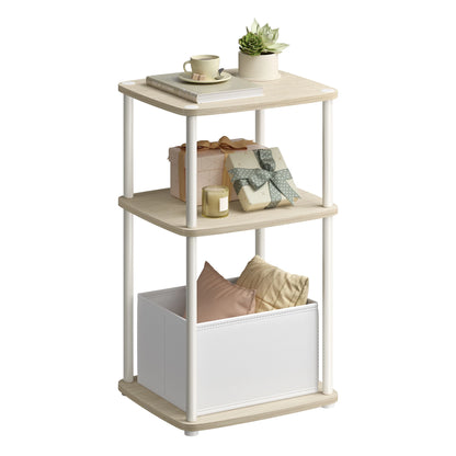 Three-tiered wooden side table with decorative items on a white background