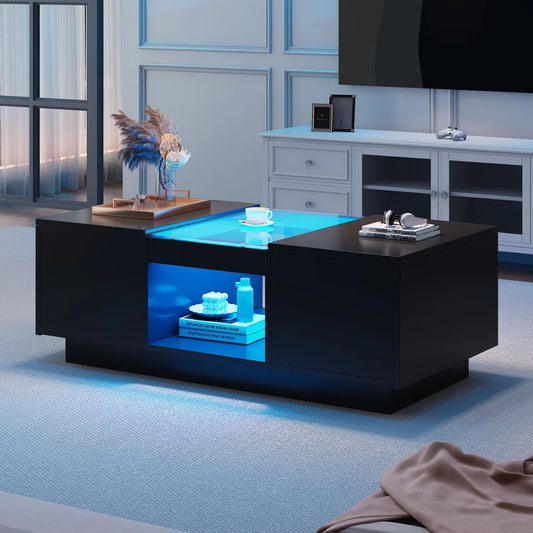 Modern coffee table with blue LED lighting in a living room setting