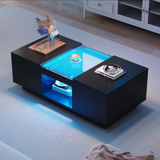 Modern coffee table with blue LED lighting in a living room setting