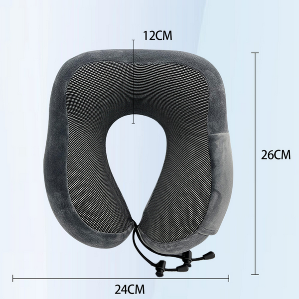 Gray neck pillow with measurements on a light blue background