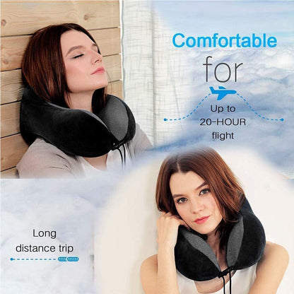 Woman using a neck pillow with text indicating comfort for long flights.