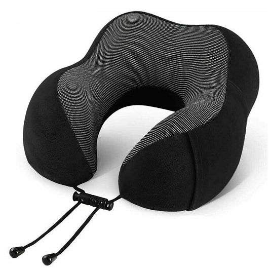 Black U-shaped pillow on a white background with text indicating package contents.