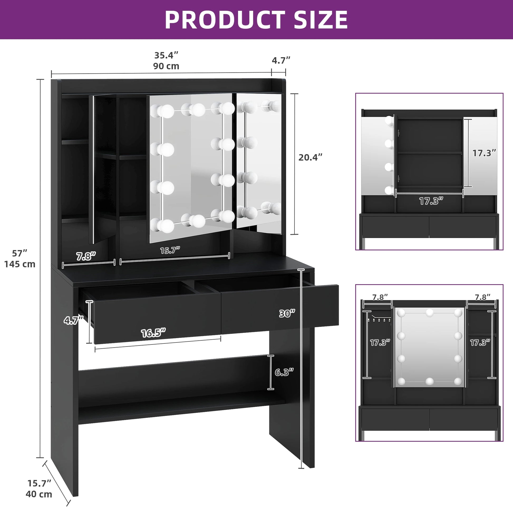 Black vanity table with mirror and dimensions on a white background
