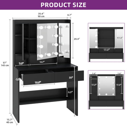 Black vanity table with mirror and dimensions on a white background