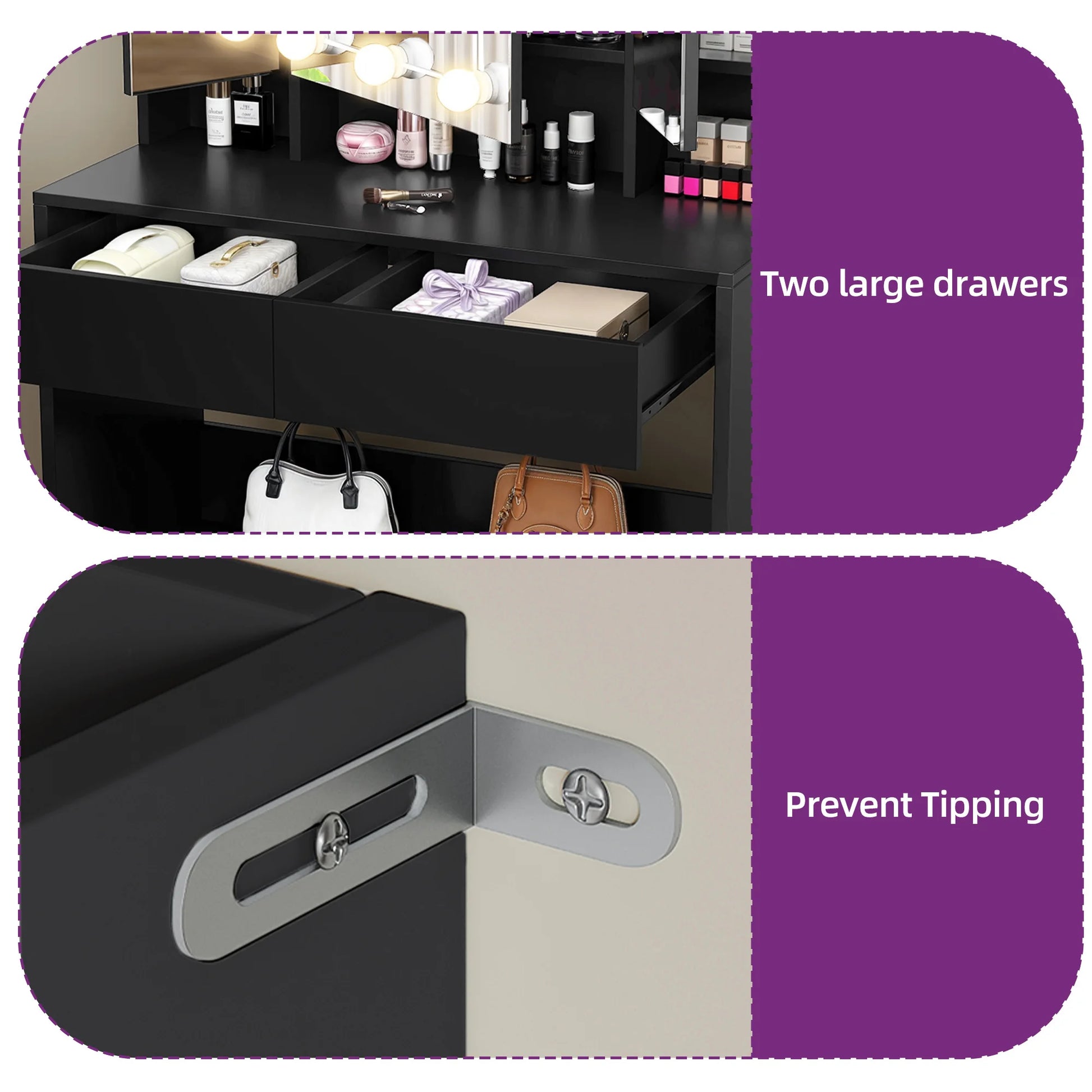 Black dresser with two large drawers and a mechanism to prevent tipping, with text labels on a purple background.