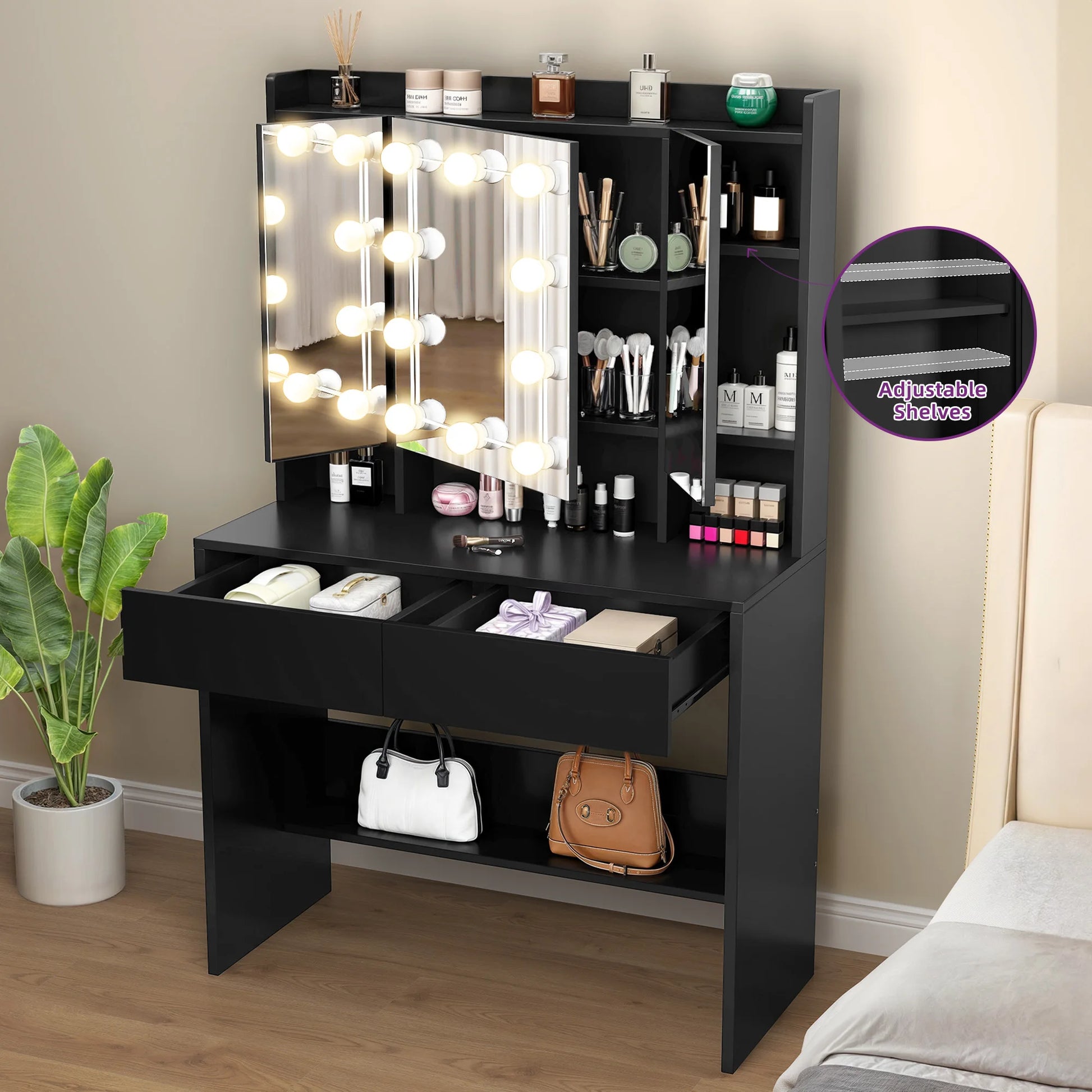 Black vanity table with mirror and lights in a bedroom setting
