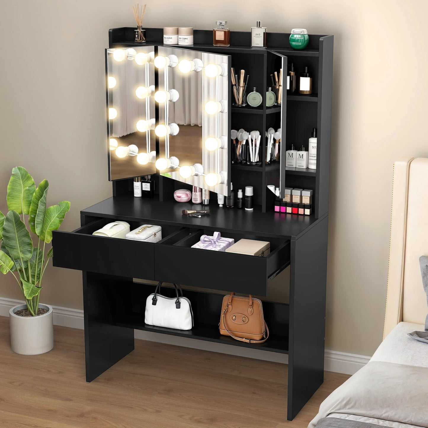 Black vanity desk with mirror and lights in a bedroom setting