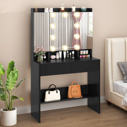 Black vanity table with mirror and lights in a room setting.