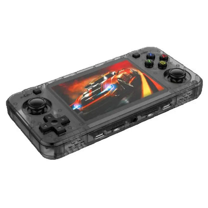Handheld gaming console with a screen displaying a racing game on a white background