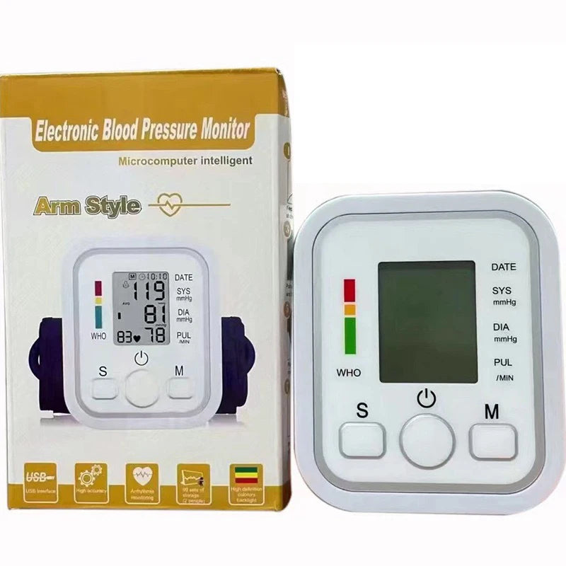 Electronic blood pressure monitor with packaging on a white background