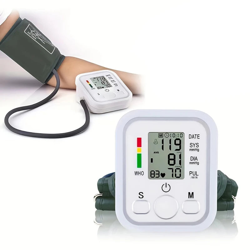 Digital blood pressure monitor with arm cuff on a white background