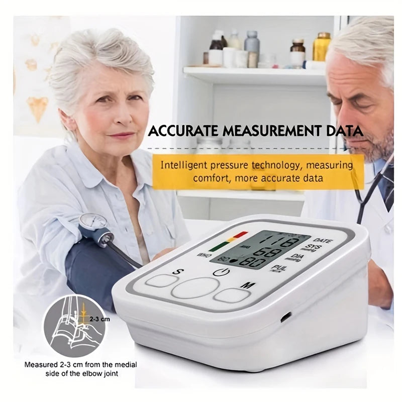 Blood pressure monitor with an elderly woman and doctor in a medical setting, emphasizing accurate measurement data.