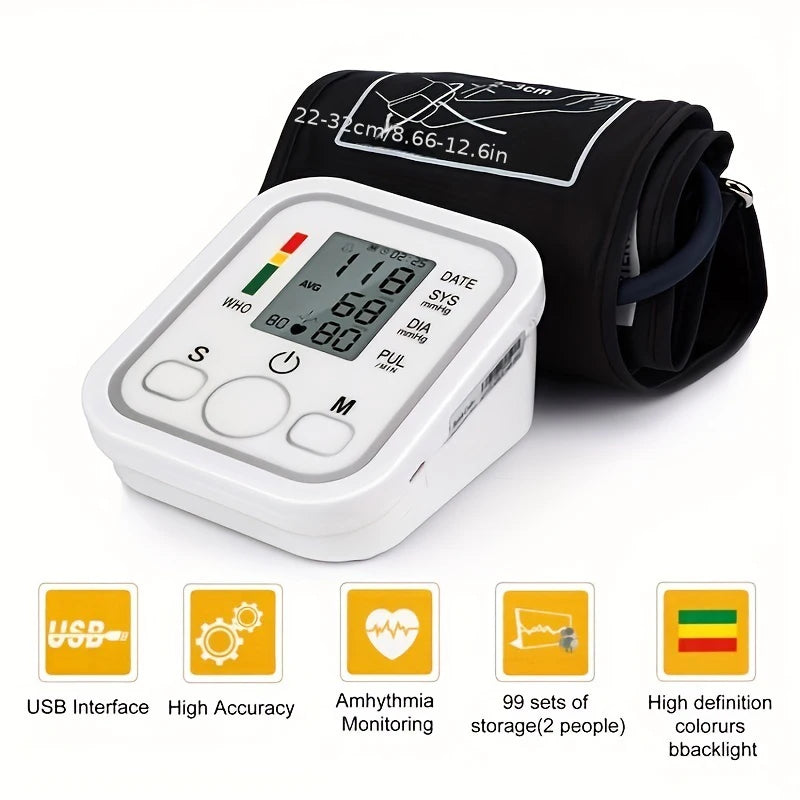 Digital blood pressure monitor with USB interface and various features on a white background