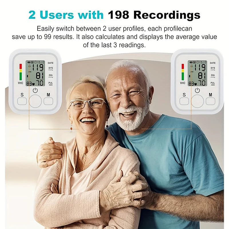 Two digital thermometers displayed with an elderly couple, emphasizing user profiles and recording capabilities.