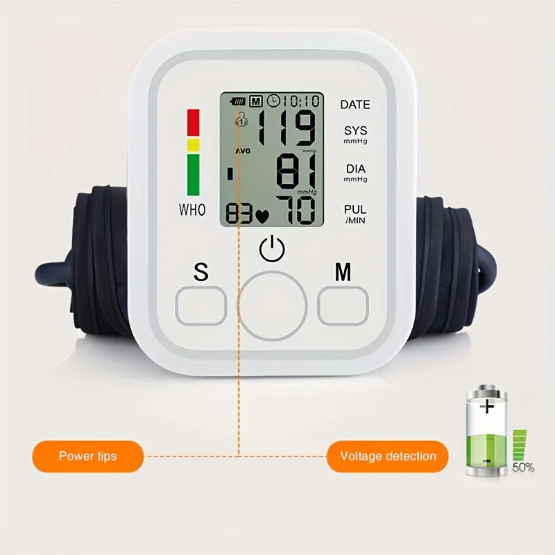 Digital blood pressure monitor with display and measurement details on a white background