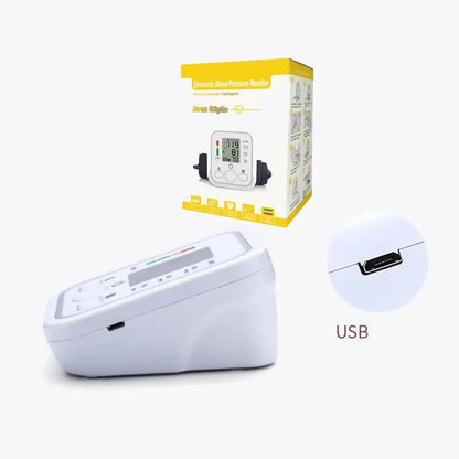 White blood pressure monitor with USB connection feature, displayed with its packaging on a white background.