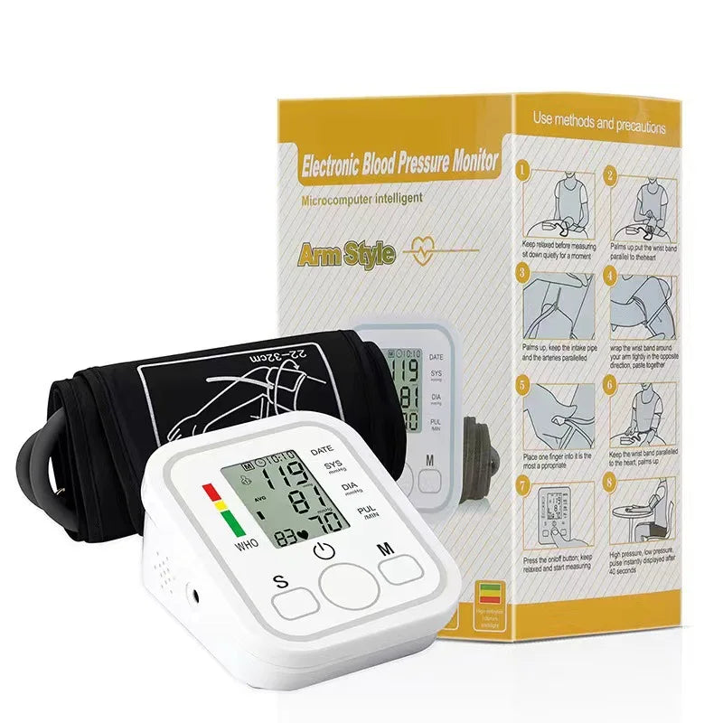 Electronic blood pressure monitor with packaging on a white background