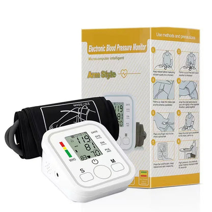 Electronic blood pressure monitor with packaging on a white background