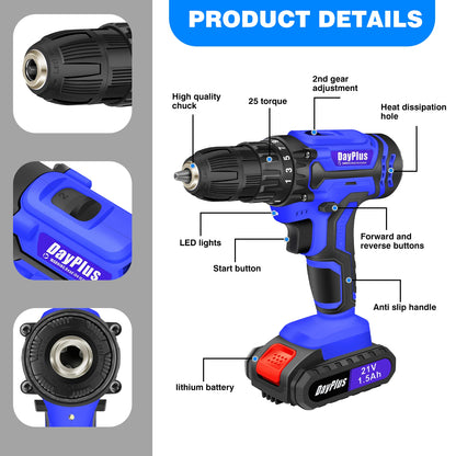 Blue cordless drill with labeled features on a gray background
