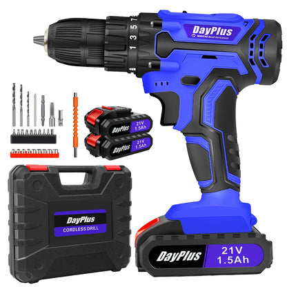 DayPlus cordless drill set with batteries and accessories on a white background