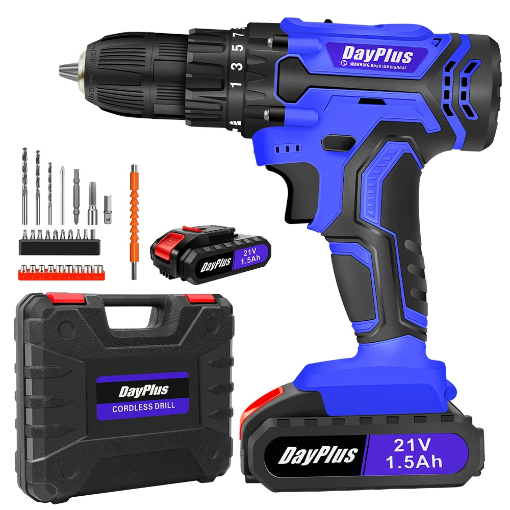 DayPlus cordless drill with accessories and carrying case on a white background