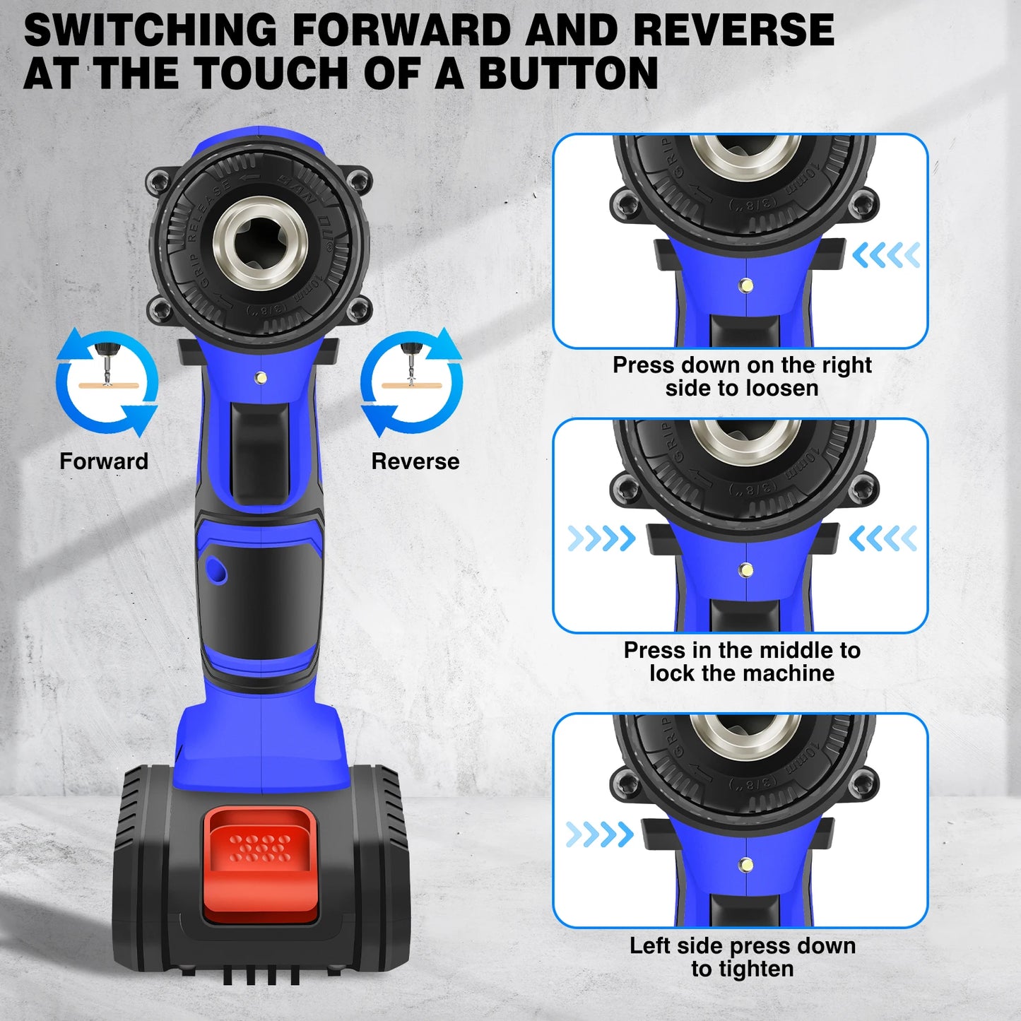 Blue and black tool with instructions on how to switch forward and reverse.