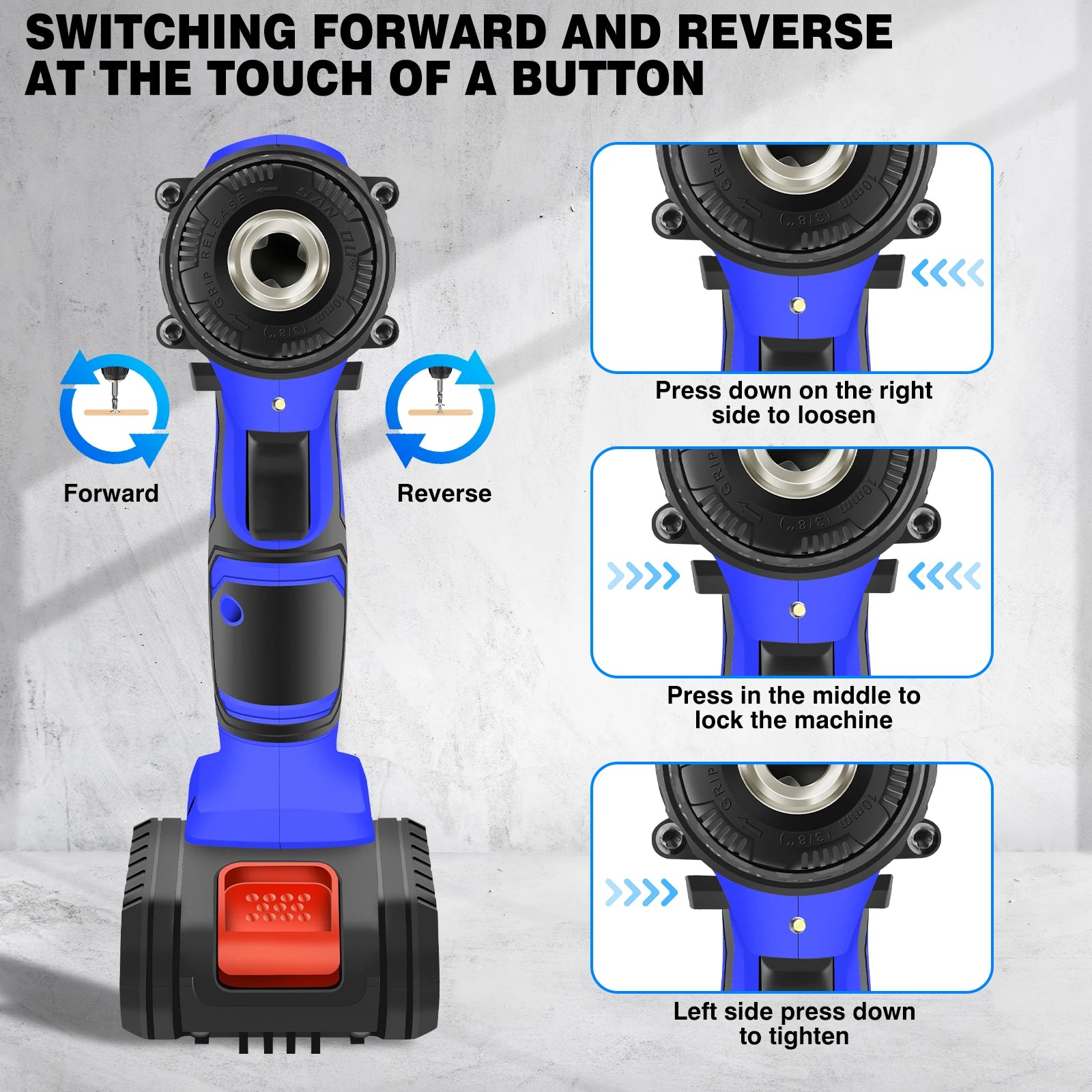 Blue and black tool with instructions on how to switch forward and reverse.