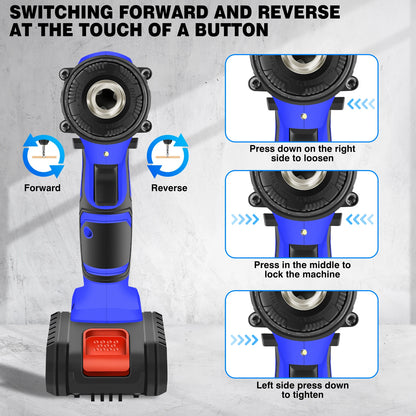 Blue and black tool with instructions on how to switch forward and reverse.
