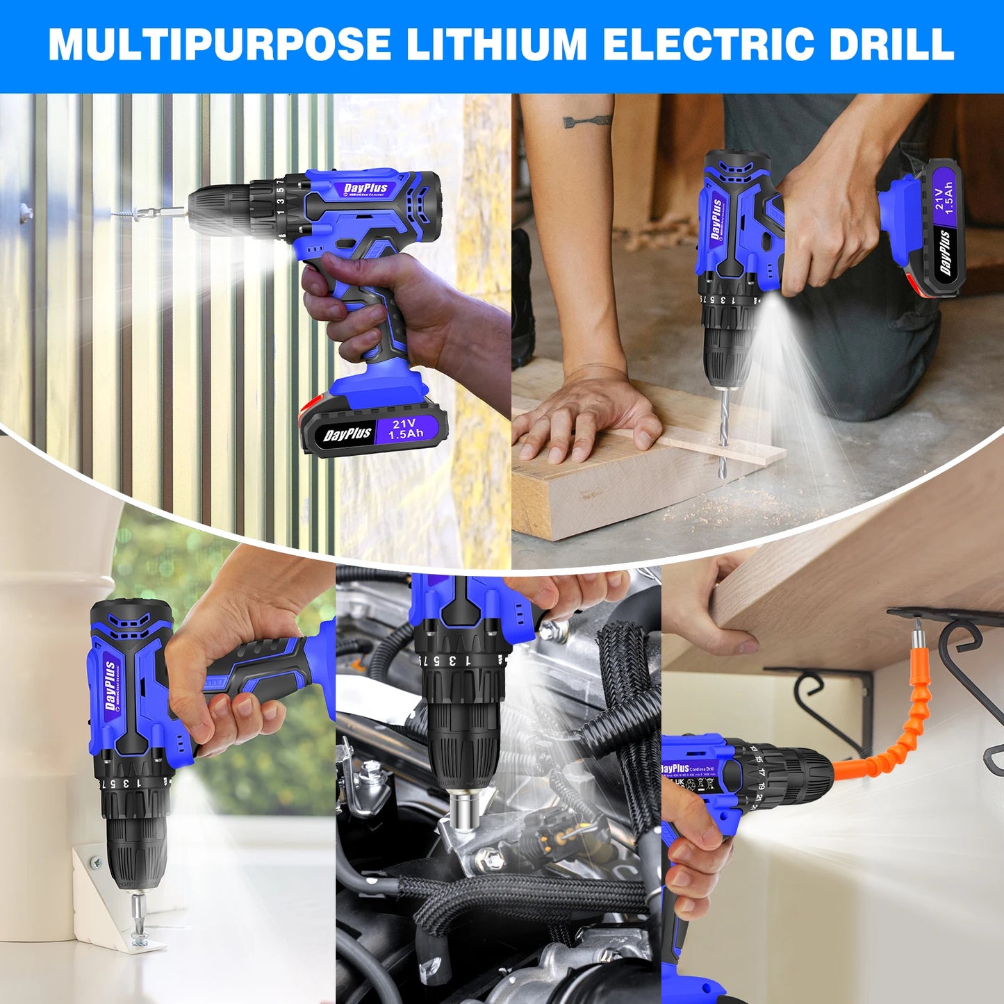 Collage of a multipurpose lithium electric drill being used in various tasks.