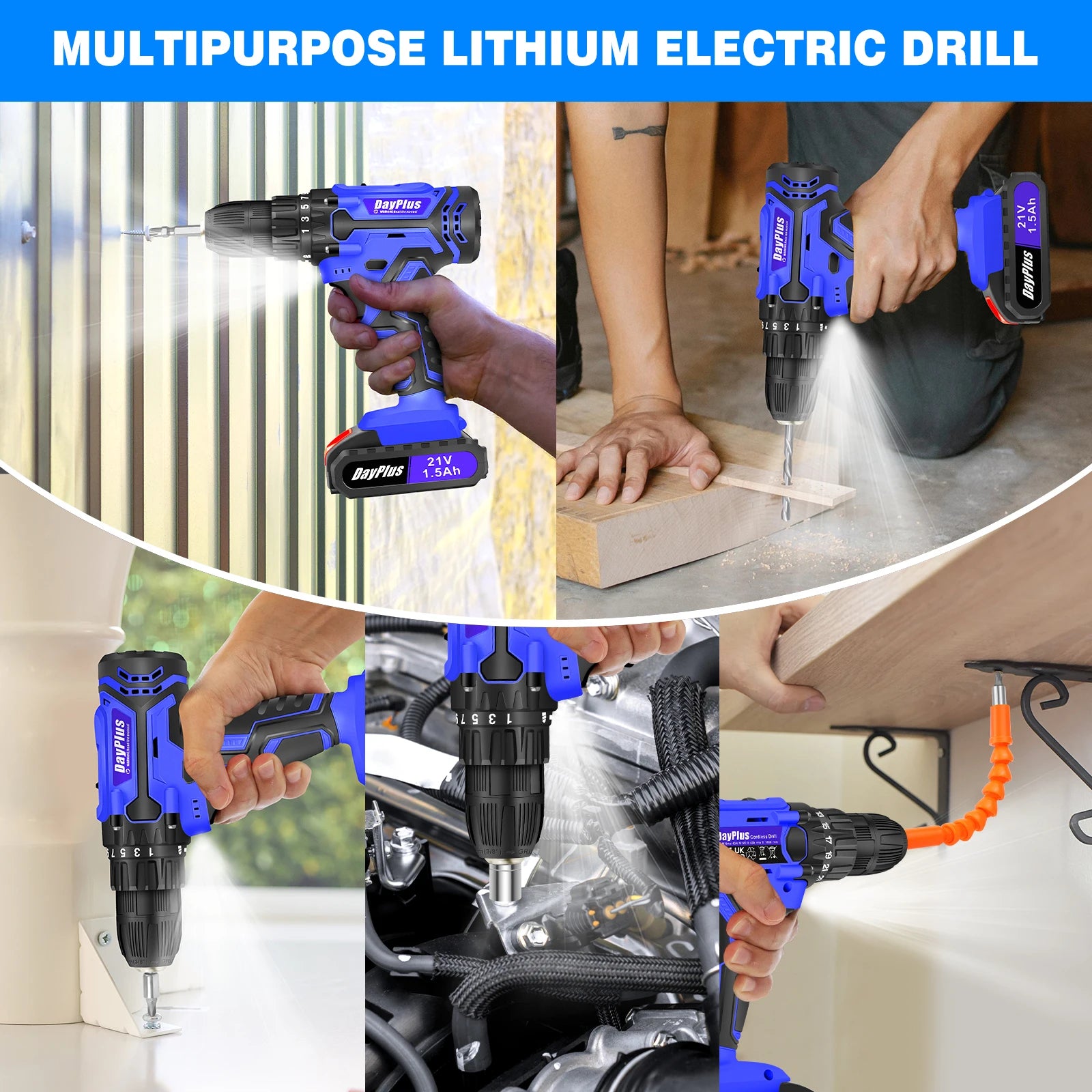 Collage of a multipurpose lithium electric drill being used in various tasks.