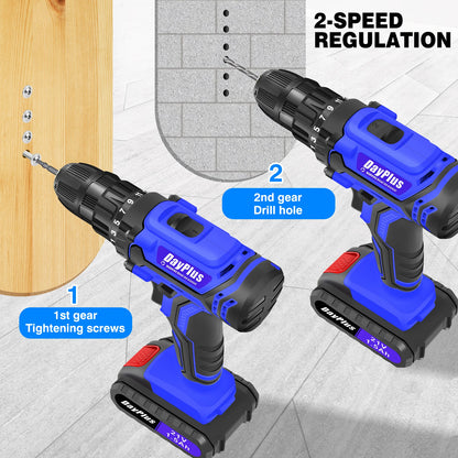 Two blue and black cordless drills with 'DayPlus' branding on a gray background.