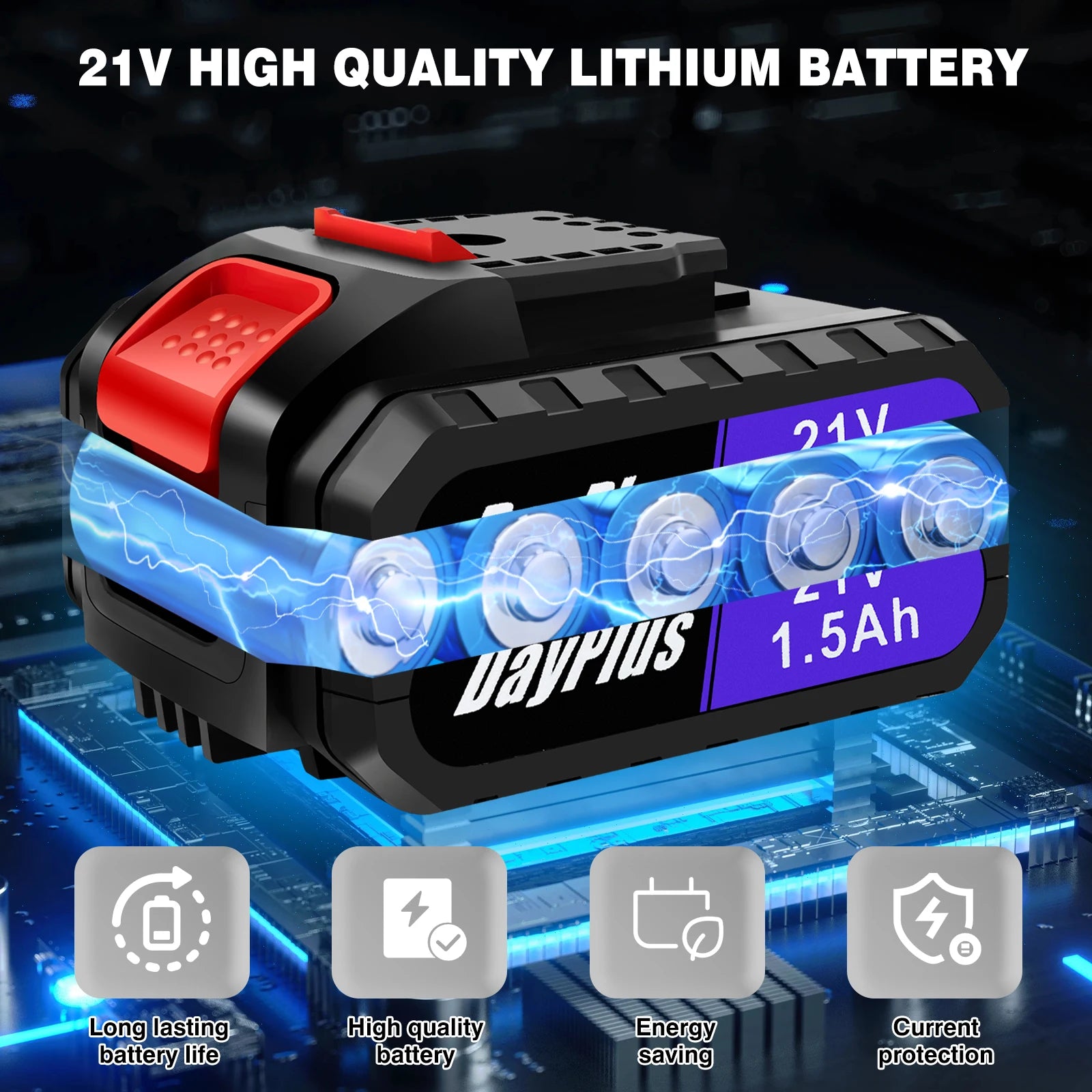 21V high quality lithium battery with brand name on a dark background