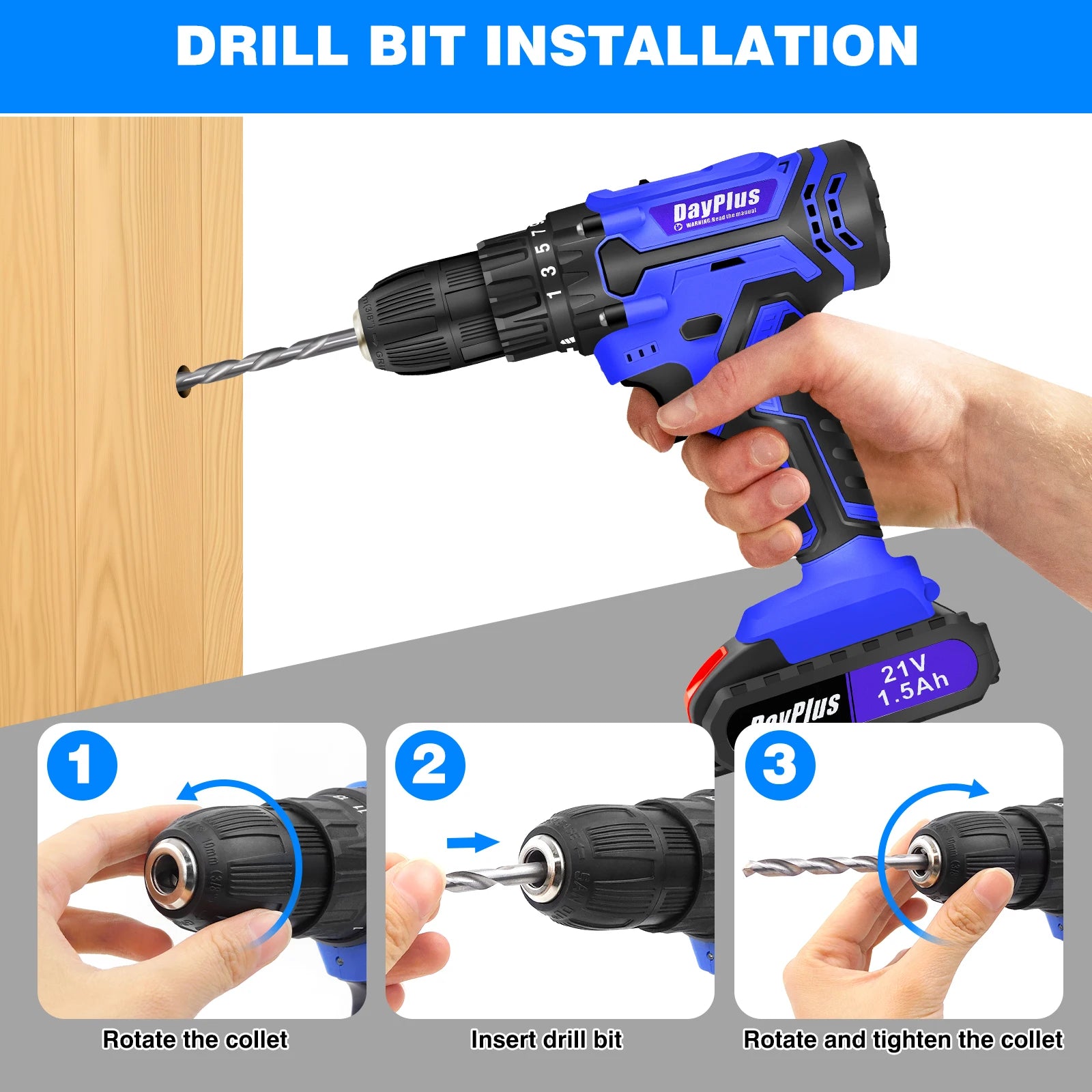 Drill bit installation process with a blue and black drill and step-by-step instructions.