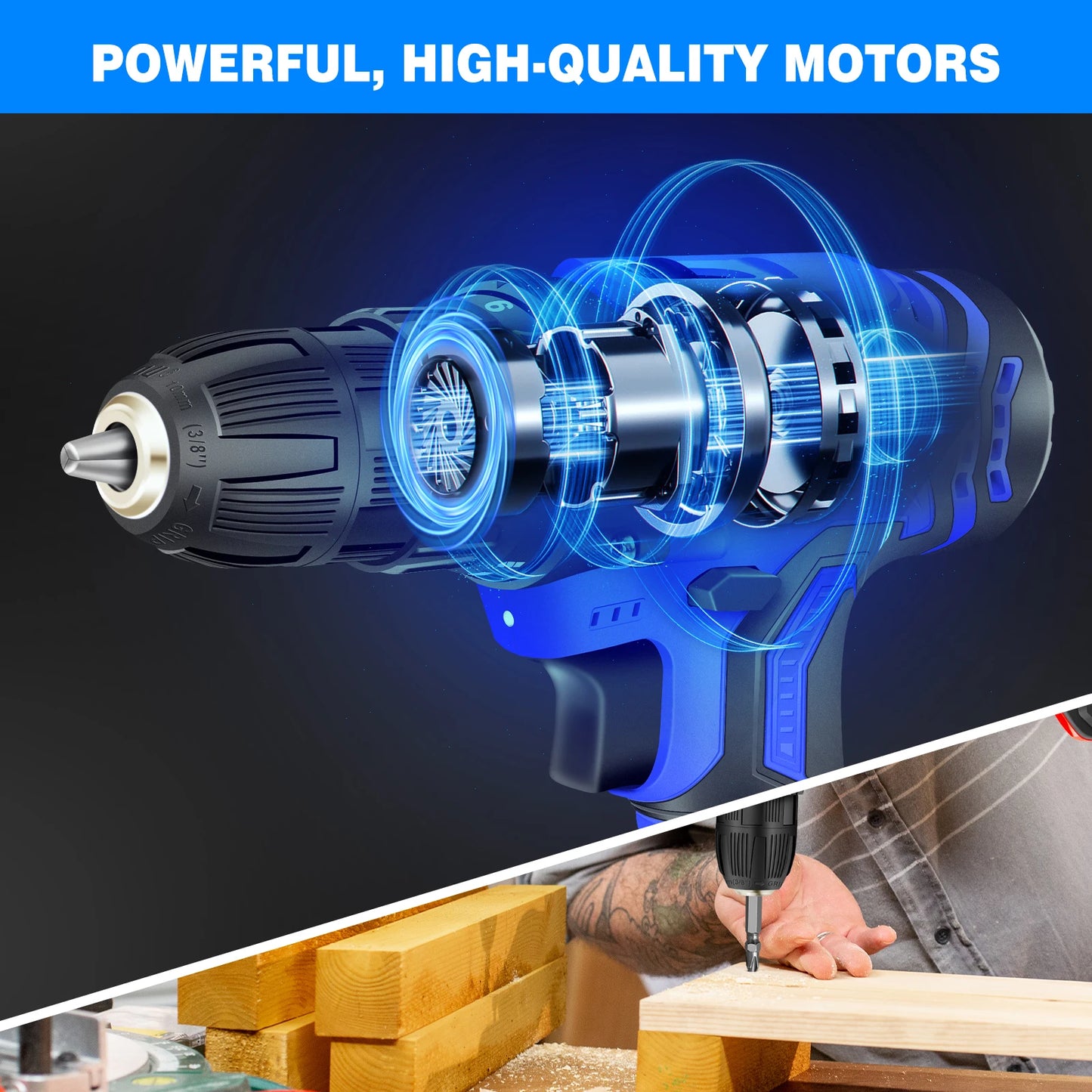 Electric drill with highlighted motor, used for woodworking, on a dark background.