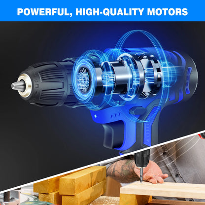 Electric drill with highlighted motor, used for woodworking, on a dark background.