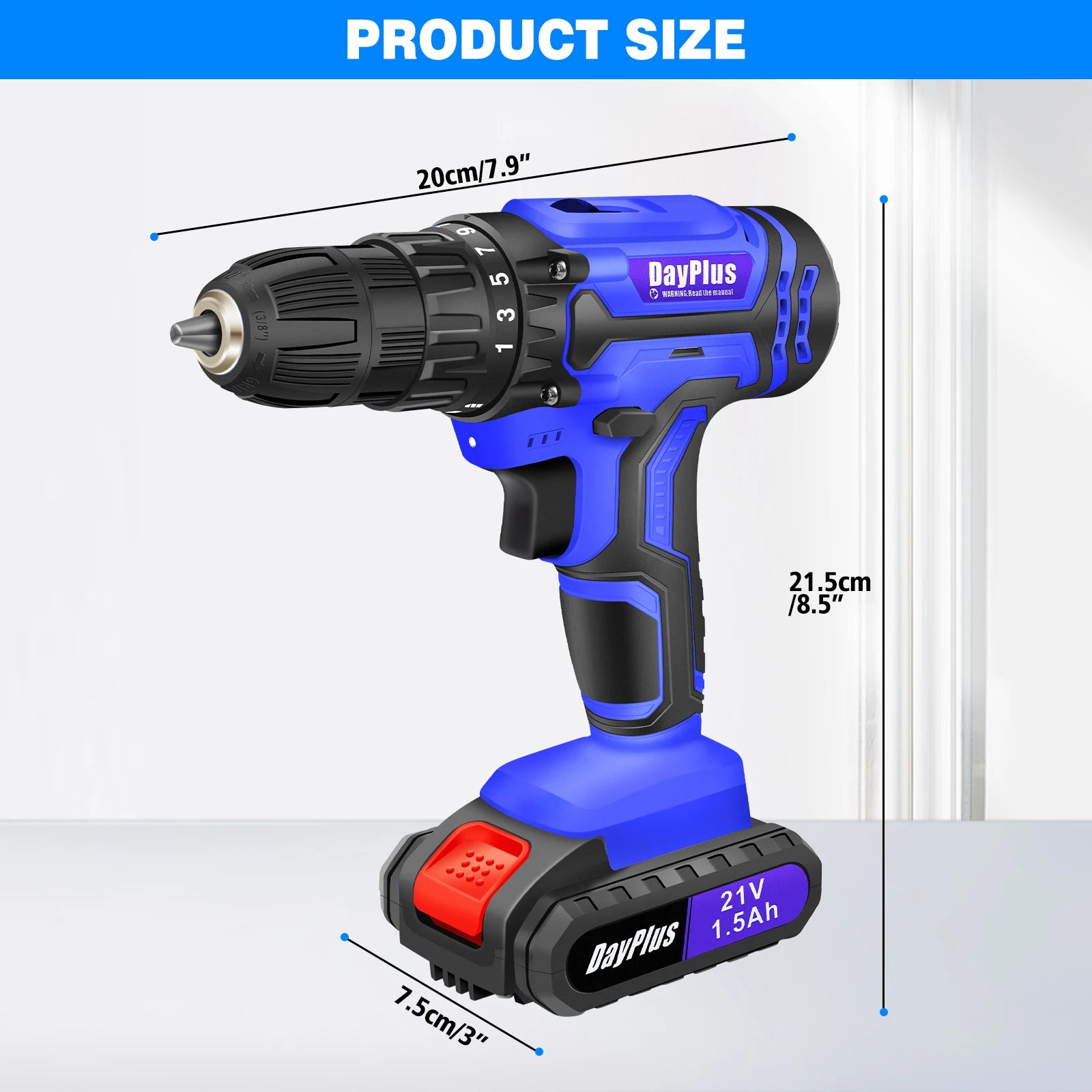 Blue cordless drill with DayPlus branding and measurements on a white background