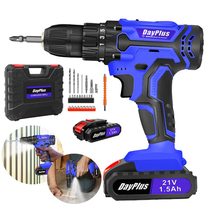 DayPlus cordless drill set with drill, batteries, and accessories on a white background