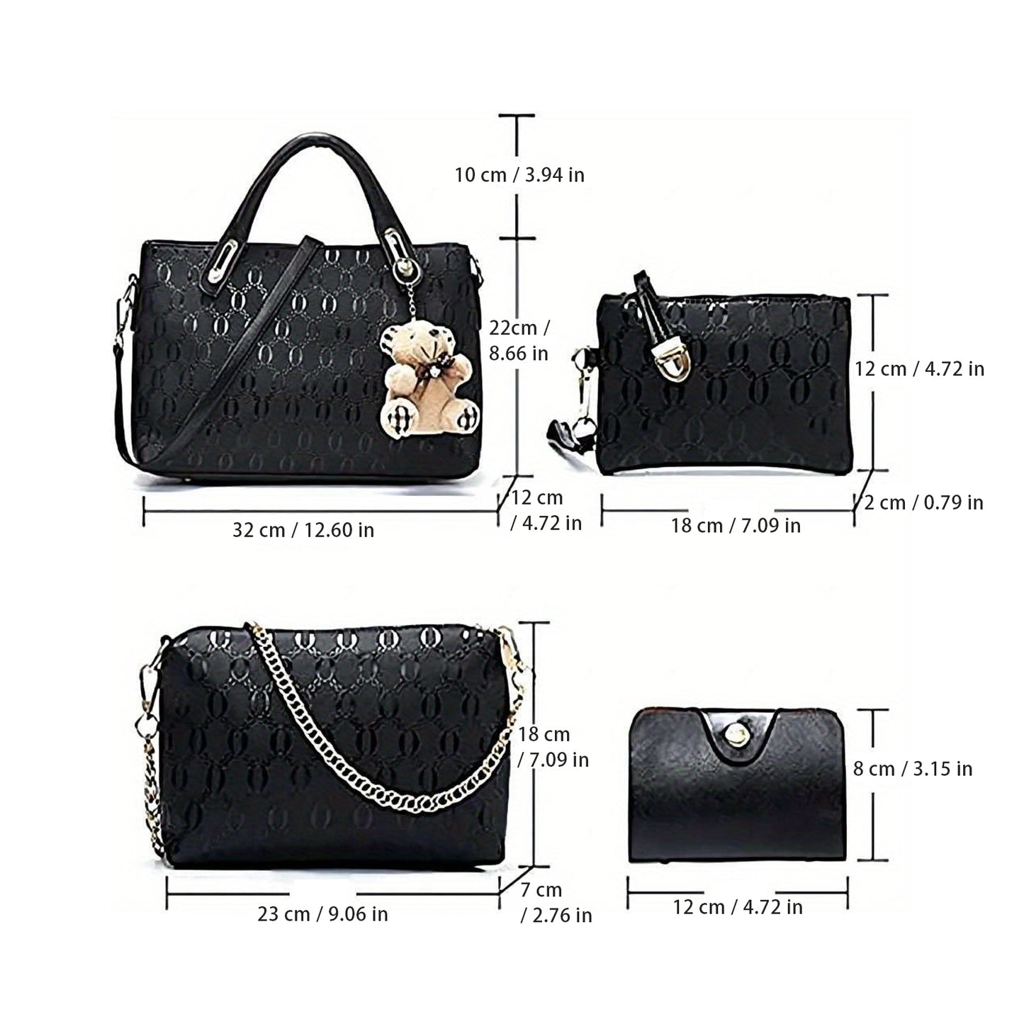 Set of black handbags with measurements on a white background