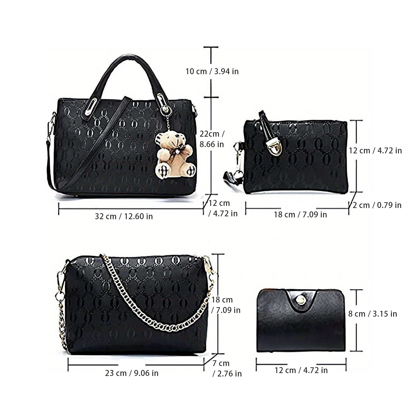 Set of black handbags with measurements on a white background