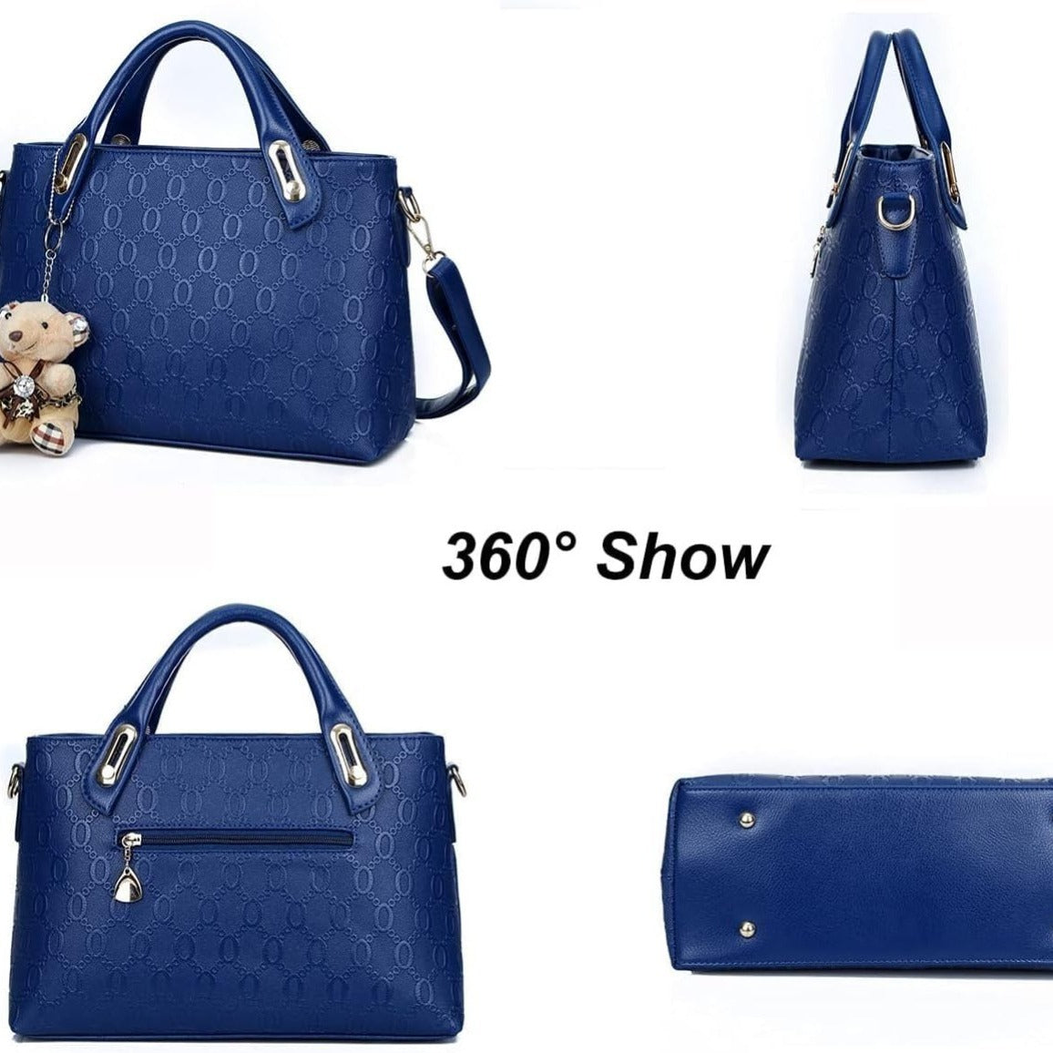Blue handbag shown from multiple angles with a '360° Show' text.