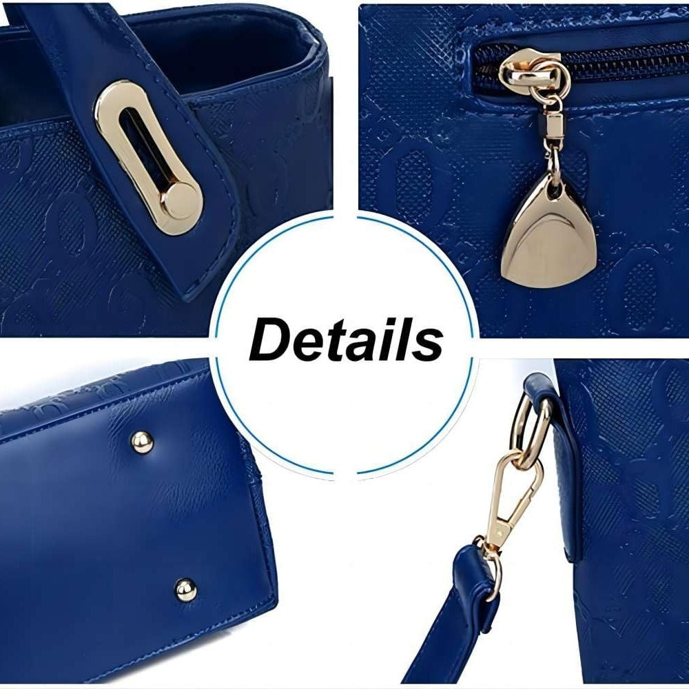 Collage of a blue handbag with close-up details on a white background