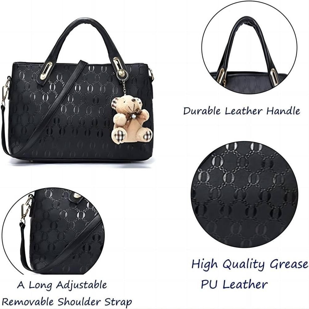 Black handbag with teddy bear charm, showing durable leather handle, high-quality grease PU leather, and adjustable shoulder strap.