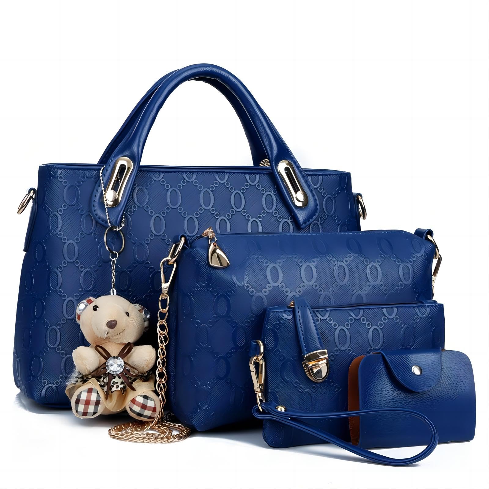 Set of blue handbags with a teddy bear charm on a white background