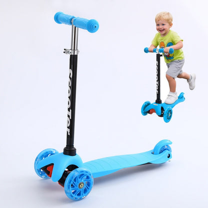 Blue scooter with a child in a green shirt standing on it against a white background